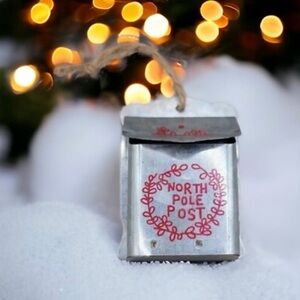 Set of 4 Metal North Pole Post Mailbox Christmas Ornaments Rustic Holiday Decor